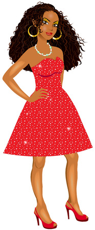 Vector Illustration of Mixed woman with red sparkle dress and red heels.のイラスト素材