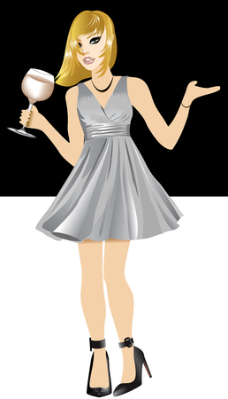 Vector Illustration of Black woman with silver dress and wine.のイラスト素材
