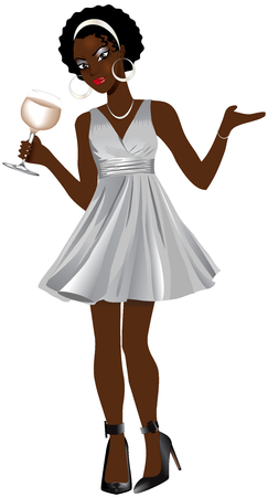 Vector Illustration of Black woman with silver dress and wine.のイラスト素材