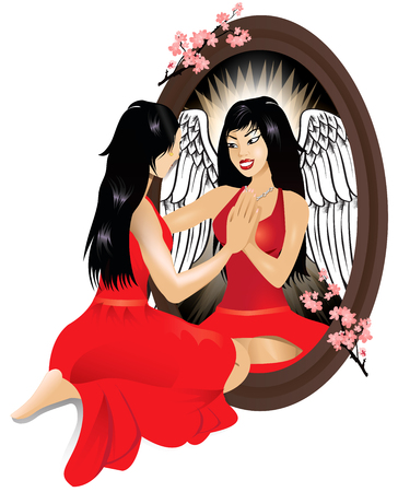 Vector Illustration of a woman seeing her reflection with confidence.のイラスト素材