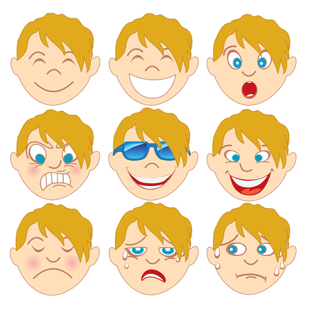 Vector Illustration of a child with various emotion faces. Great for Emoji Emoticons or stickers.のイラスト素材