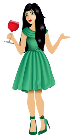Vector Illustration of Asian woman with green dress and red wine.のイラスト素材