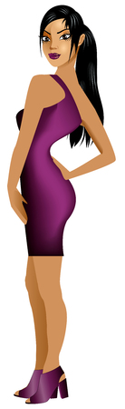Vector Illustration of Asian woman with purple dress and champagne.のイラスト素材
