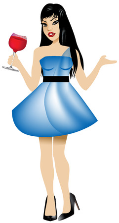 Vector Illustration of Asian woman with blue dress and red wine.のイラスト素材