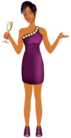 Vector Illustration of Black woman with purple dress and champagne.のイラスト素材