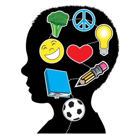 Vector Illustration of a young boy with healthy mind elements. Great Mental Health.のイラスト素材