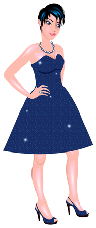 Vector Illustration of white woman with blue sparkle dress and blue heels.のイラスト素材