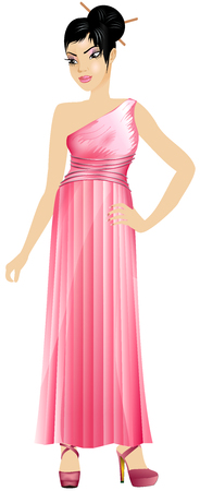 Vector Illustration of Asian woman with pink dress and red wine.のイラスト素材