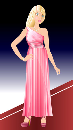 Vector Illustration of white woman with pink dress on red carpet.のイラスト素材