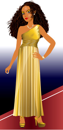 Vector Illustration of mixed woman with gold dress and red carpet.のイラスト素材