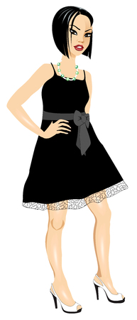 Vector Illustration of Asian woman with black Bow dress.のイラスト素材