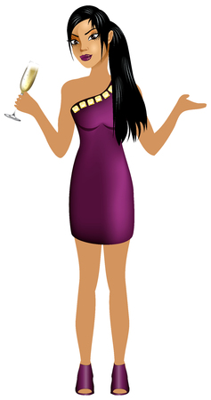 Vector Illustration of Asian woman with purple dress and champagne.のイラスト素材