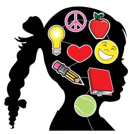 Vector Illustration of a young girl with healthy mind elements. Great Mental Health.のイラスト素材