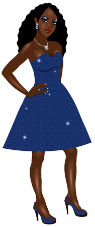 Vector Illustration of black woman with blue sparkle dress and blue heels.のイラスト素材