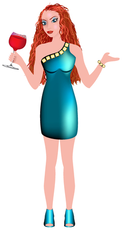 Vector Illustration of white woman with teal dress and champagne.のイラスト素材