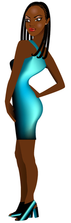 Vector Illustration of a black woman with teal dress side view.のイラスト素材