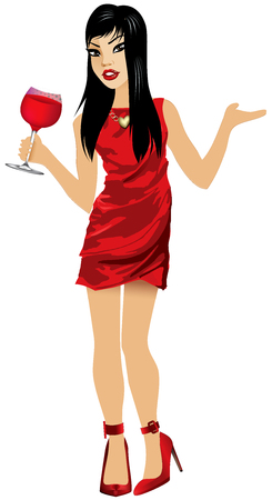 Vector Illustration of Asian woman with red dress and red wine.のイラスト素材