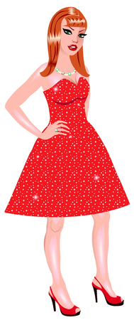 Vector Illustration of a white woman with red sparkle dress and red heels.のイラスト素材
