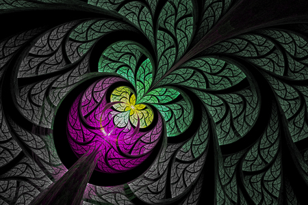 Abstract fractal flower computer generated image. Pink apple with yellow butterflyの写真素材
