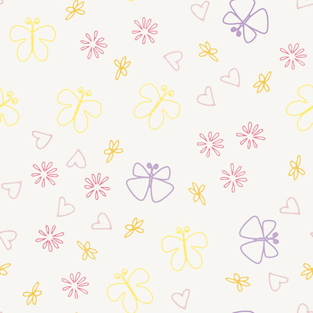 Seamless multicolored doodle background with flowers and butterflies.  illustration for packaging and printing on fabric.の写真素材