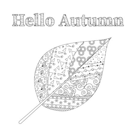 autumn leaf and inscription for adult antistress coloring book on a white background. Zen art vector illustration.のイラスト素材