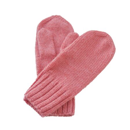 Pink woolen mittens on a white isolated backgroundの写真素材