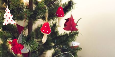 Christmas tree with red christmas toys. Bannerの写真素材
