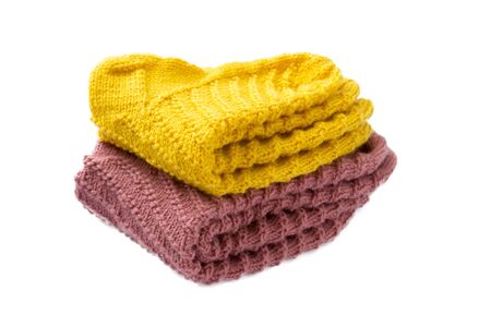 Warm knitted purple yellow female sock closeup. Isolate.の写真素材