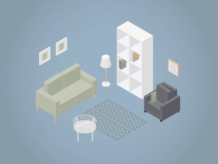 Vector illustration of a living room concept. Isometric furniture set with bookcase, armchair, sofa, floor lamp, books and picture framesのイラスト素材
