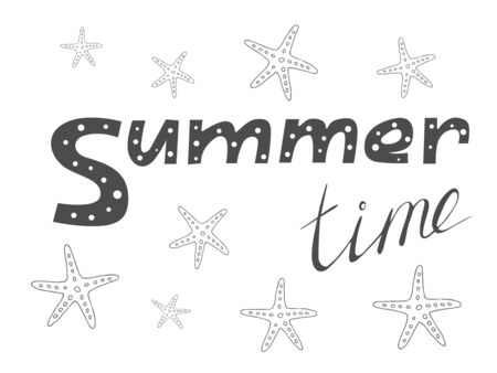 Hand drawn black text Summer time with starfish. Summer holiday vector illustration on a white backgroundのイラスト素材