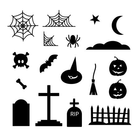 Happy Halloween black elements set - brooms, spider web, skull bones graves fence, pumpkin, moon, cloud, bat, spider, witch hat. Stock vector illustration on white backgroundのイラスト素材