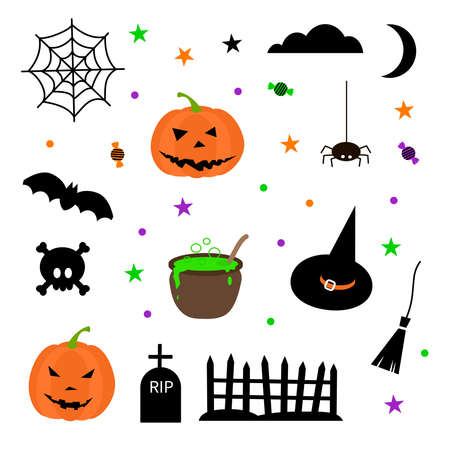 Happy Halloween elements set - brooms spider web skull bones, graves, fence, pumpkin, moon, cloud, bat, spider, witch hat. Stock vector illustration on white backgroundのイラスト素材