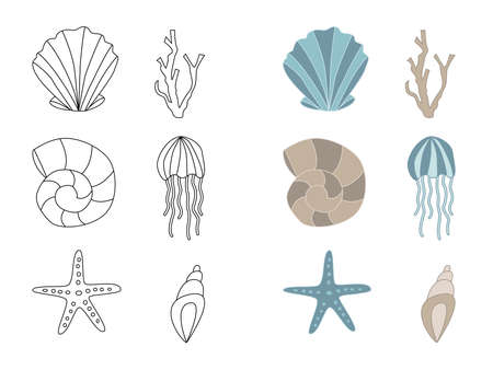 Set of underwater vector icons - seashell, jellyfish, starfish, coral. Hand drawn doodle marine characters. Stock vector illustrationのイラスト素材