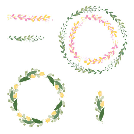Floral multicolors frames with leaves and branches. Beautiful elements for web pages, wedding invitations, save the date cards, greeting cards. Vector isolat illusrationのイラスト素材