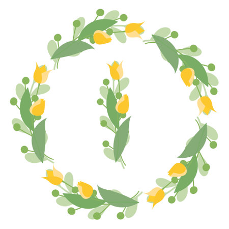 Vector isolate illustration. Round frames with yellow tulips and green leaves on a white background. Design elements for wedding cards, prints, greeting cardsのイラスト素材