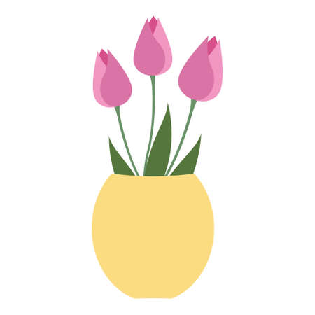 Pink tulips in a yellow vase. Vector isolate illustration on white backgroundのイラスト素材