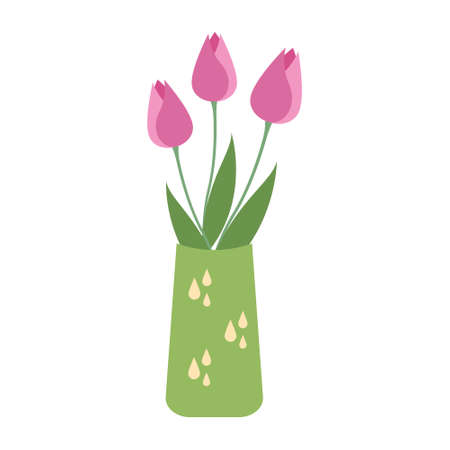 Pink tulips in a green vase with yellow drops. Vector isolate illustration on white backgroundのイラスト素材