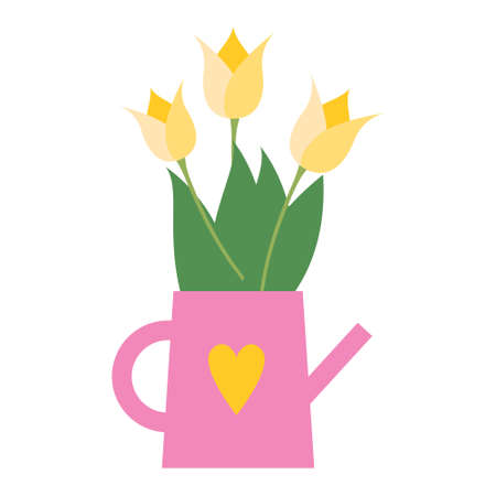 Yellow tulips in a pink teapot with a yellow heart. Vector isolate illustration on white backgroundのイラスト素材