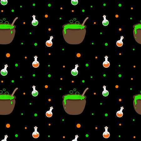 Flat vector illustration. Halloween seamless pattern with witches cauldron, flasks with poison, dots on black background. Use for wallpaper, notepad, background, paper, surface texturesのイラスト素材