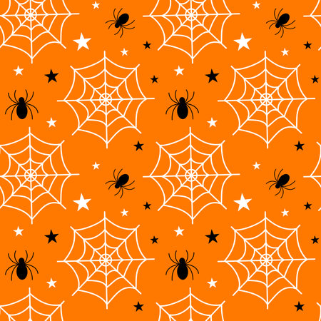 Flat vector illustration. Halloween seamless pattern with cobwebs, spiders. Use for internet, notepad, background, paperのイラスト素材