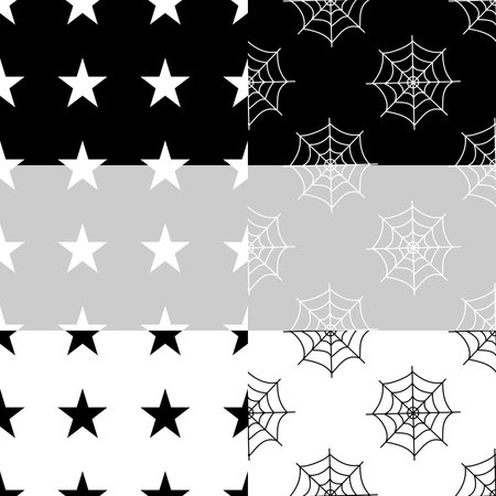 Flat vector illustration. Set of Halloween seamless pattern with cobwebs and stars on white, grey, black background. Use for web, notepad, background, paperのイラスト素材