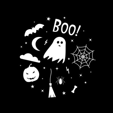 Isolated vector illustration. Set of white halloween icons on black backgrounのイラスト素材