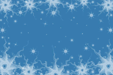 Fractal white snowflakes and lens flares. Abstract illustration on a blue background. Use for posters, cards, backgrounds, covers, webの写真素材