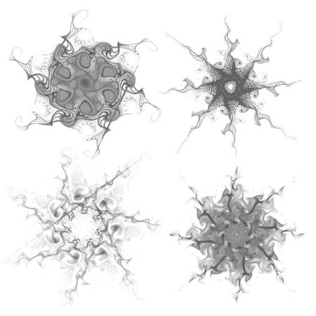 Set of four black snowflakes on a white background. Abstract computer generated fractal image of a snowflake. Illustration, isolate.の写真素材