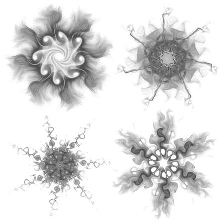 Set of four black snowflakes on a white background. Abstract computer generated fractal image of a snowflake. Illustration, isolate.の写真素材