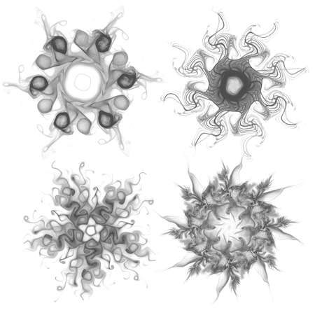 Set of four black snowflakes on a white background. Abstract computer generated fractal image of a snowflake. Illustration, isolate. Use as a stamp or brushの写真素材