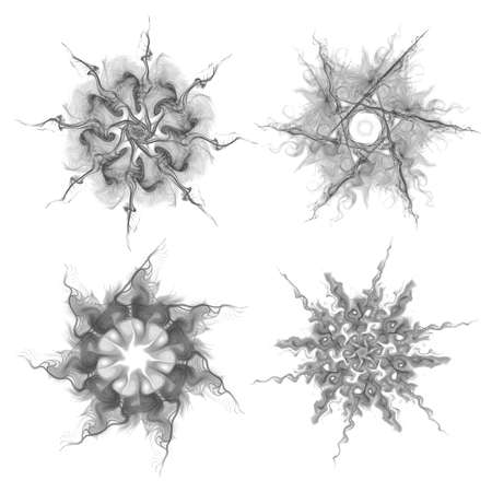 Set of four black snowflakes on a white background. Abstract computer generated fractal image of a snowflake. Illustration, isolate. Use as a stamp or brushの写真素材