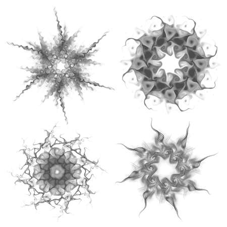 Set of four black snowflakes on a white background. Abstract computer generated fractal image of a snowflake. Illustration, isolate. Use as a stamp or brushの写真素材