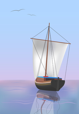 The sailboat sails at dawn, the seagulls are flying in the skyのイラスト素材