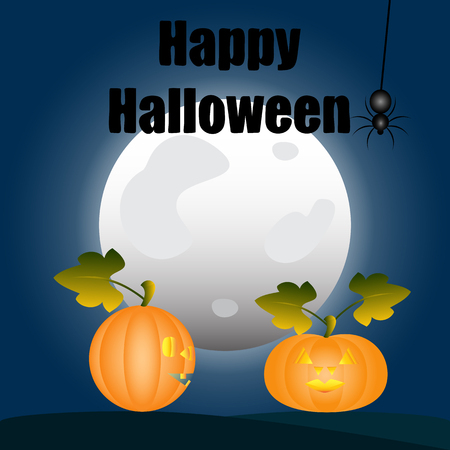 Happy Halloween. Pumpkins in the background of the moon talking. On the spider web hanging spiderのイラスト素材